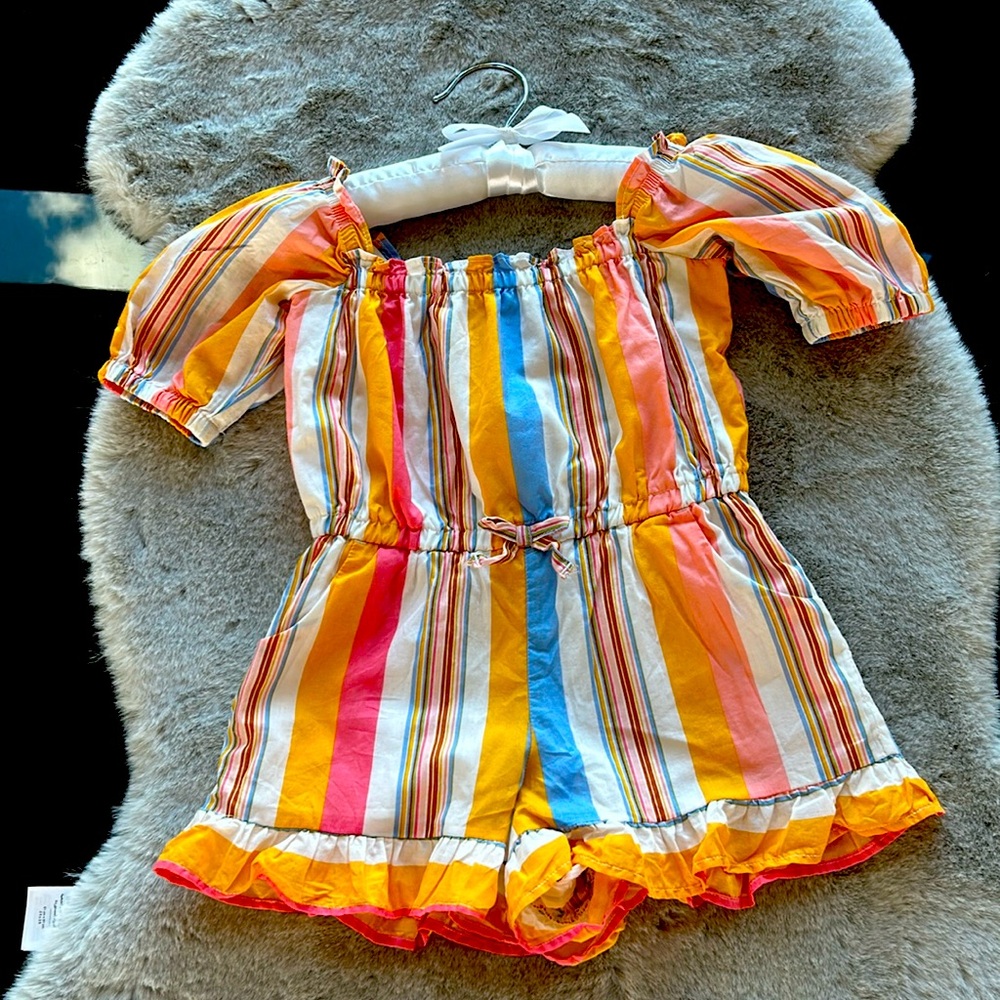 JANIE & JACK EUC orange, pink, white, blue off the shoulder romper 2T